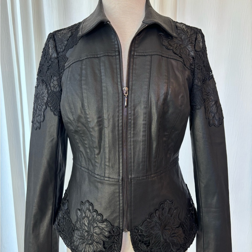 White House Black Market Black Leather Jacket with Lace